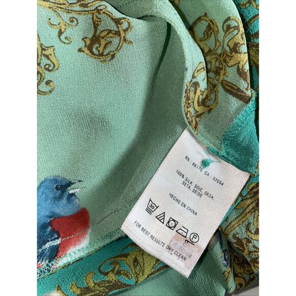 Vanessa Virginia Silk ANTHROPOLOGIE Green Blouse Top Bird Baroque Womens S 4 - Picture 5 of 9